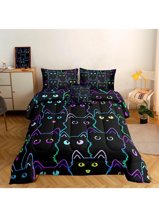 ROWADALO 6 Piece Cat Comforter Set Queen Size Bed in A Bag set Cute Black Cat Bedding Set for Girls Boys Kids Teens (with 1 Comforter,1 Flat Sheet,1 Fitted Sheet,2 Pillowcases,1Cushion Cover)Cats 5001-6Pcs Q - Image 2
